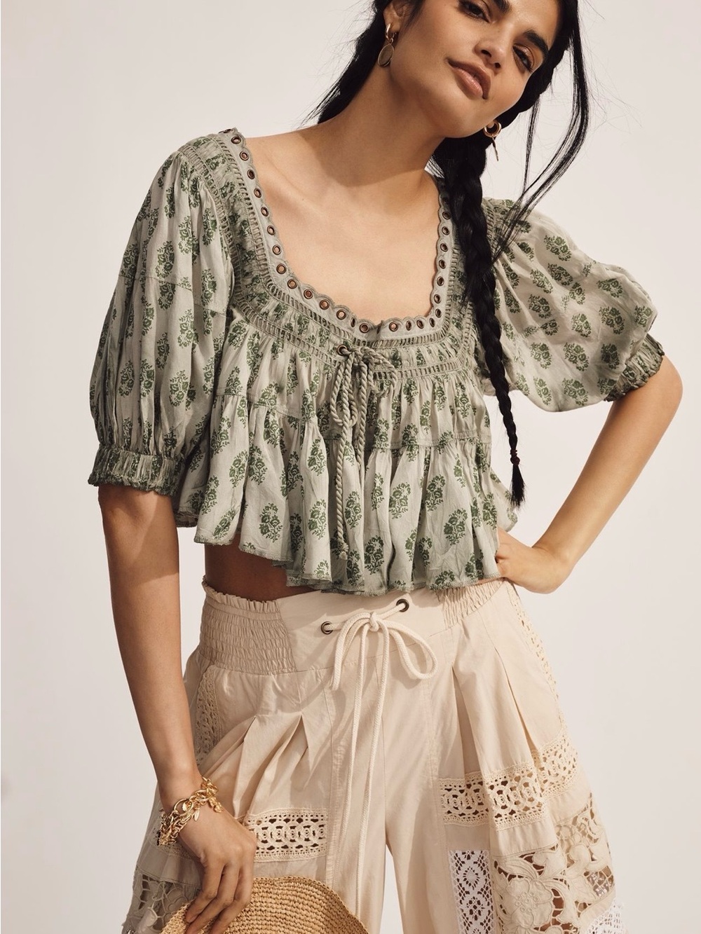 Anthropologie White and Green Floral Peasant Blouse
